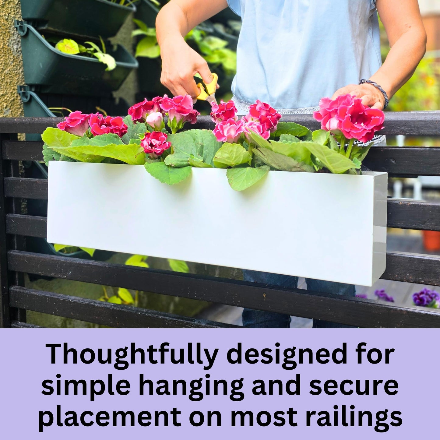 LaLaGreen Planter Boxes Outdoor (24 Inch, 2 Pack) White Metal Rectangular Railing Flower Box with Brackets, Deck Railings Planters Fence Balcony Patio Porch Plant Holder Modern Garden Decor Over Rail