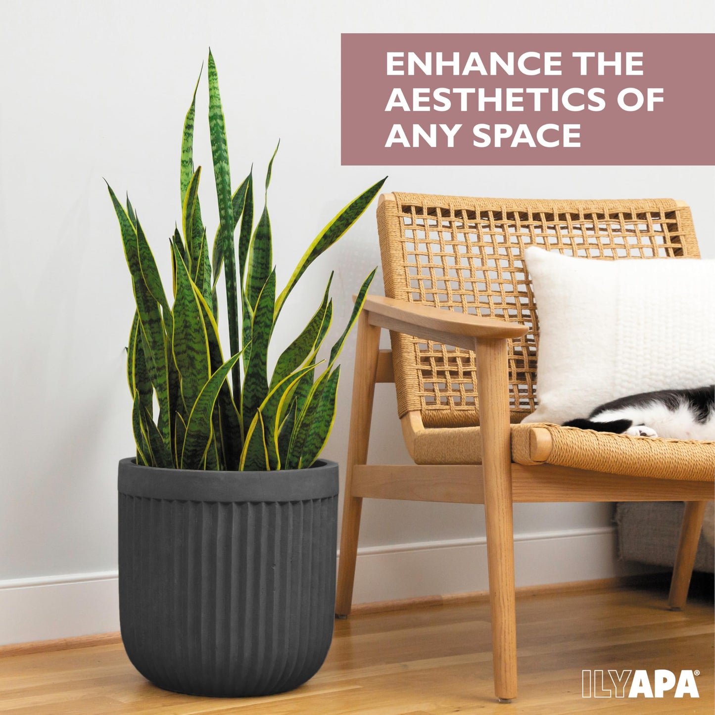 Ilyapa 14 Inch Large Fluted Modern Concrete Planter - 14x14 Inch Indoor Plant Pots with Drainage - Large Black Planters for Indoor/Outdoor Use