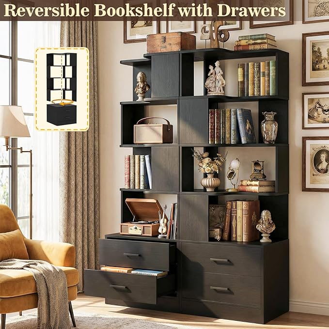Armocity Corner Bookshelf with Drawers, 7 Tier Corner Book Shelf Display