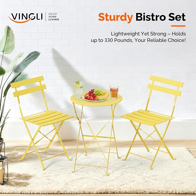 VINGLI Outdoor Folding Bistro Table and Chairs Set of 2, 3-Piece Bistro Set