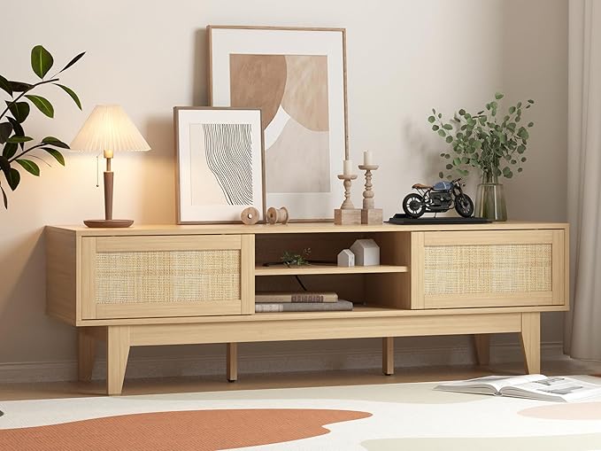 Boho TV Stand for 55 65 Inch TV, Rattan Entertainment Center