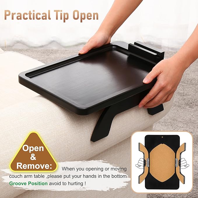 SINWANT Couch Armrest Table, Large Bamboo Couch Arm Table 360° Phone Holder