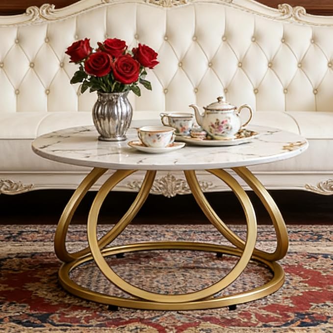 O&K FURNITURE Modern Gold Coffee Table, Faux Marble Pattern Center Table