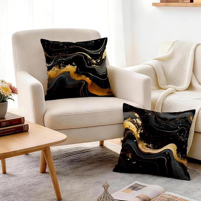 OBSEDE Abstract Black Gold Marble Decorative Throw Pillow Covers 18 × 18 in