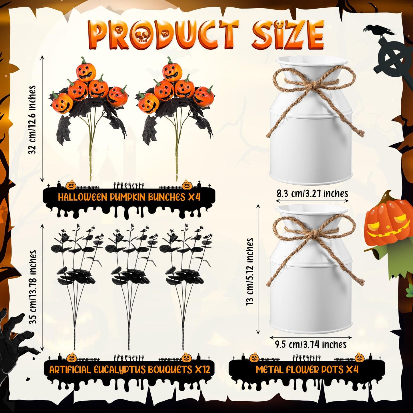 Thiccywoov 4 Sets Halloween Table Centerpiece Decorations Artificial Black Pumpkins Eucalyptus with Metal Vase Faux Pumpkins Plants in Pots for Halloween Trick or Treat Party Home Dining Table Decor