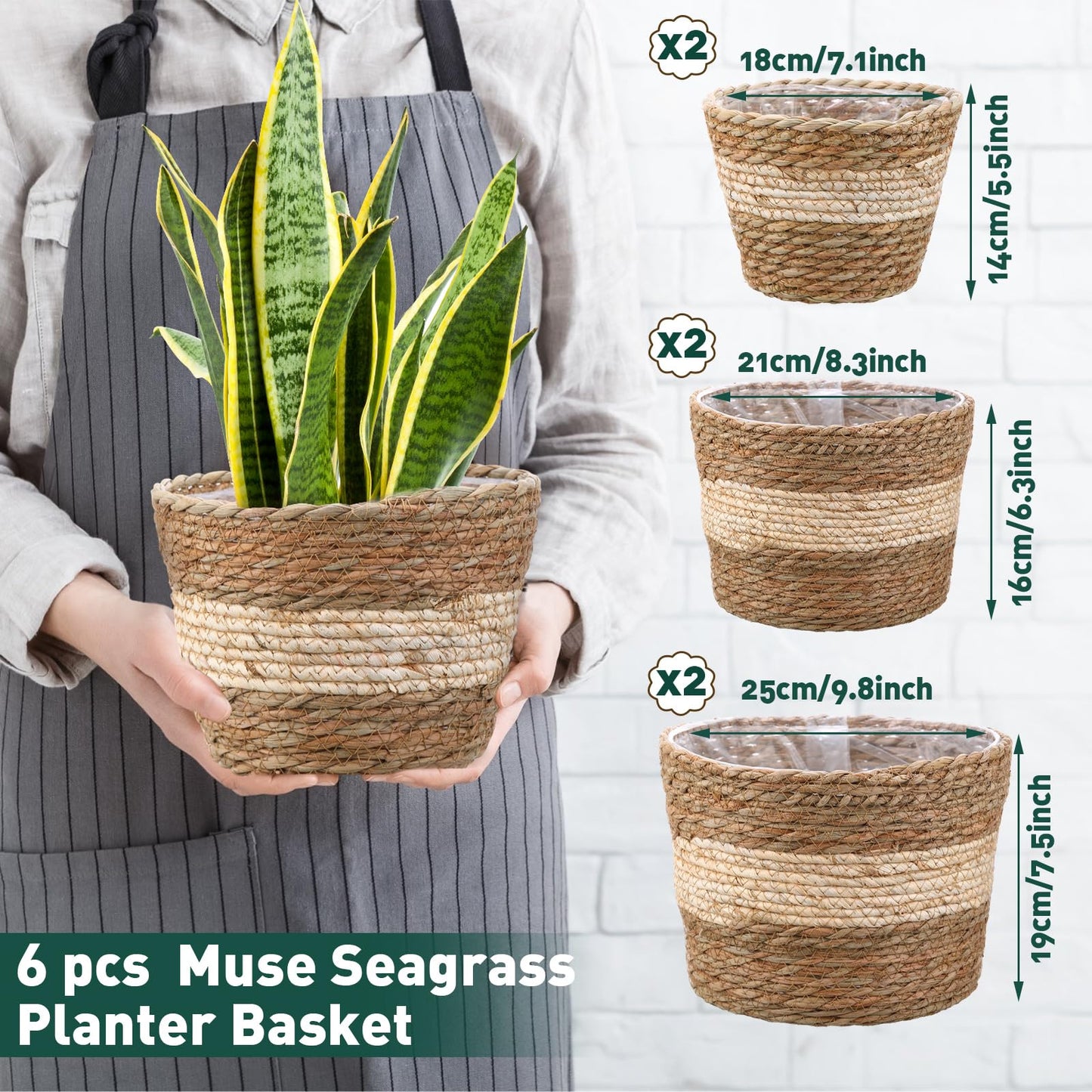Mumufy 6 Pcs Seagrass Planter Basket Flower Pots Cover Plant Baskets Hand Woven Plant Basket Storage Containers with Plastic Liners for Indoor Outdoor Flower Pots Decoration 10, 7, 8.3 Inch(Novel)