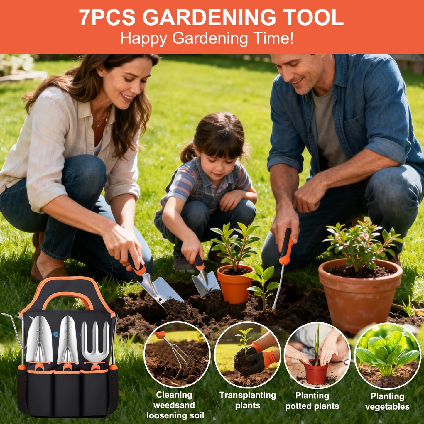 Yesker Gardening Tools 7-Piece Heavy Duty Garden Tool Set Gardening Supplies Gifts for Women Men Gardening Hand Tool Kit with Non-Slip Ergonomic Handle, Garden Bag, Pruning Shears, Black Orange