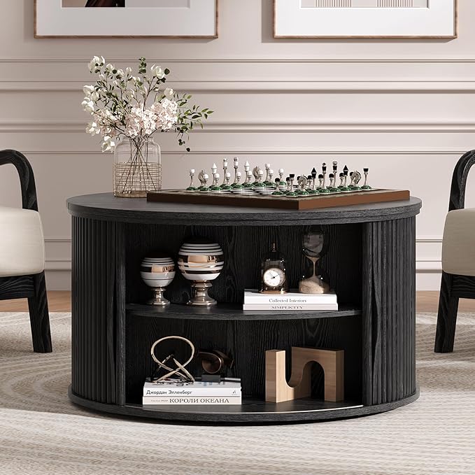 JOINICE 31.5" Black Round Lift Top Coffee Table, Modern Fluted Drum Center Table