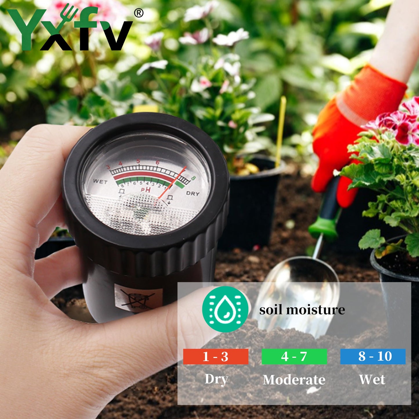 YXFV 2-in-1 Soil PH Tester Gardening Tool, Soil Moisture & Light Meter with Long 11.6’’ Probe, No Battery Needed, for Garden, Lawn, Farm, Indoor & Outdoor Plants Care