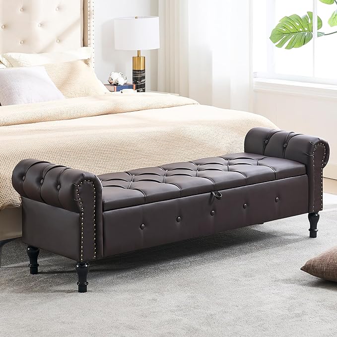 Storage Bench for Bedroom, Faux Leather King Size Bench