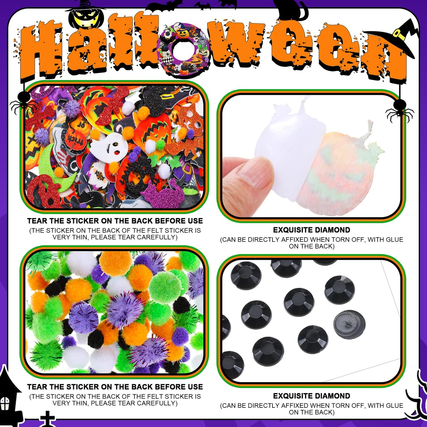 Moucuny 470 Pcs Halloween Craft Kits DIY Wreath Craft Kit Halloween Wreath Decorations with Ghost Witch Bats Pumpkin Cat Stickers Home Indoor Party Favors