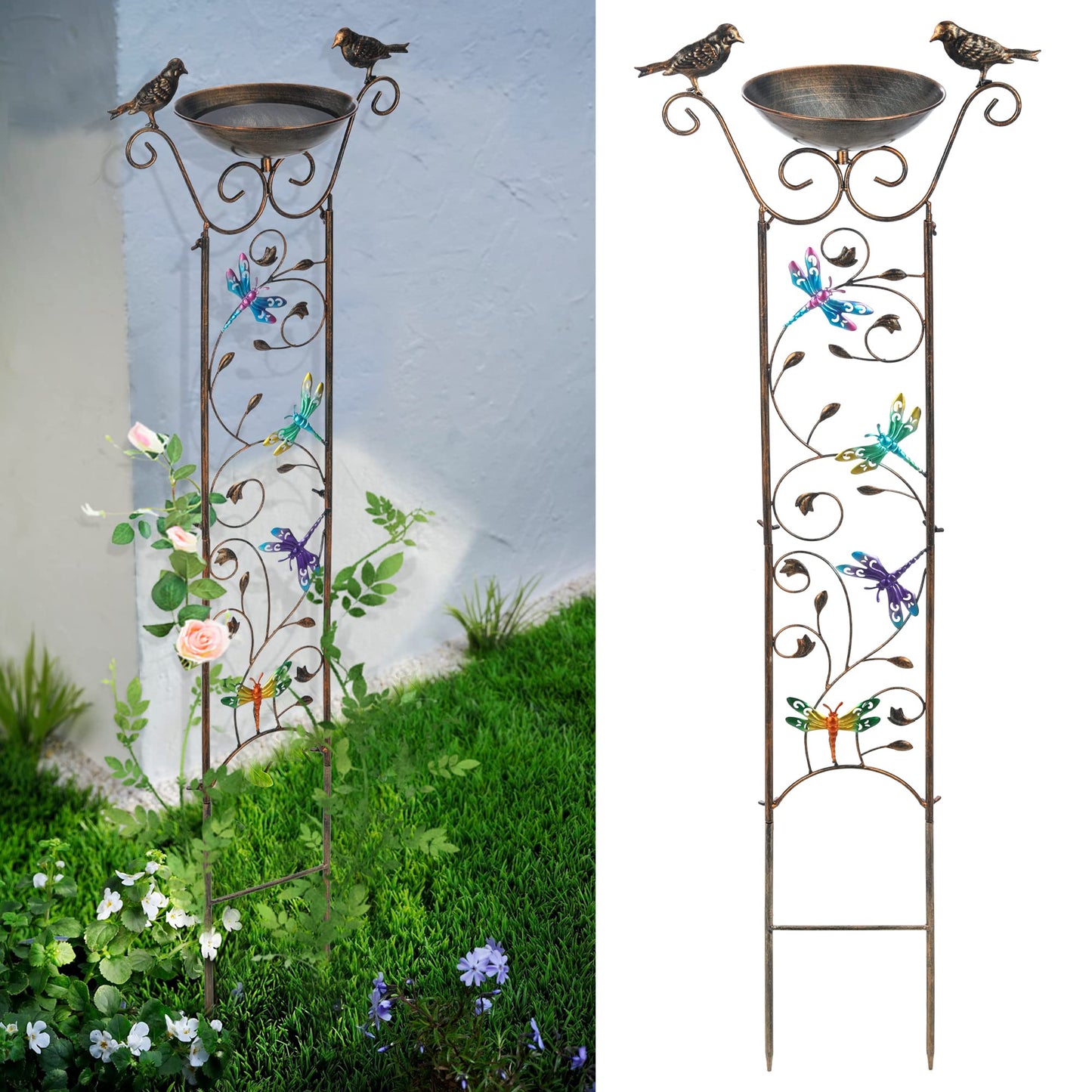SUNNYPARK Bird Bath with Trellis Outdoor, Antique Garden Iron Plant Trellis with Decorative Dragonfly Detachable Bird Bath Bowl Metal Potted Plant Support for Climbing Flowers