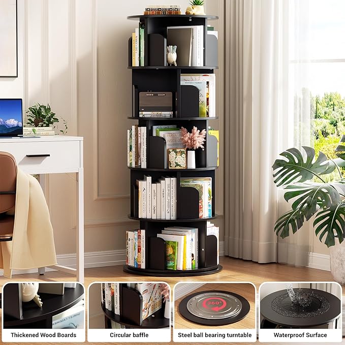 Aheaplus Rotating Bookshelf, 360 Display Wood Spinning Bookshelf Tower