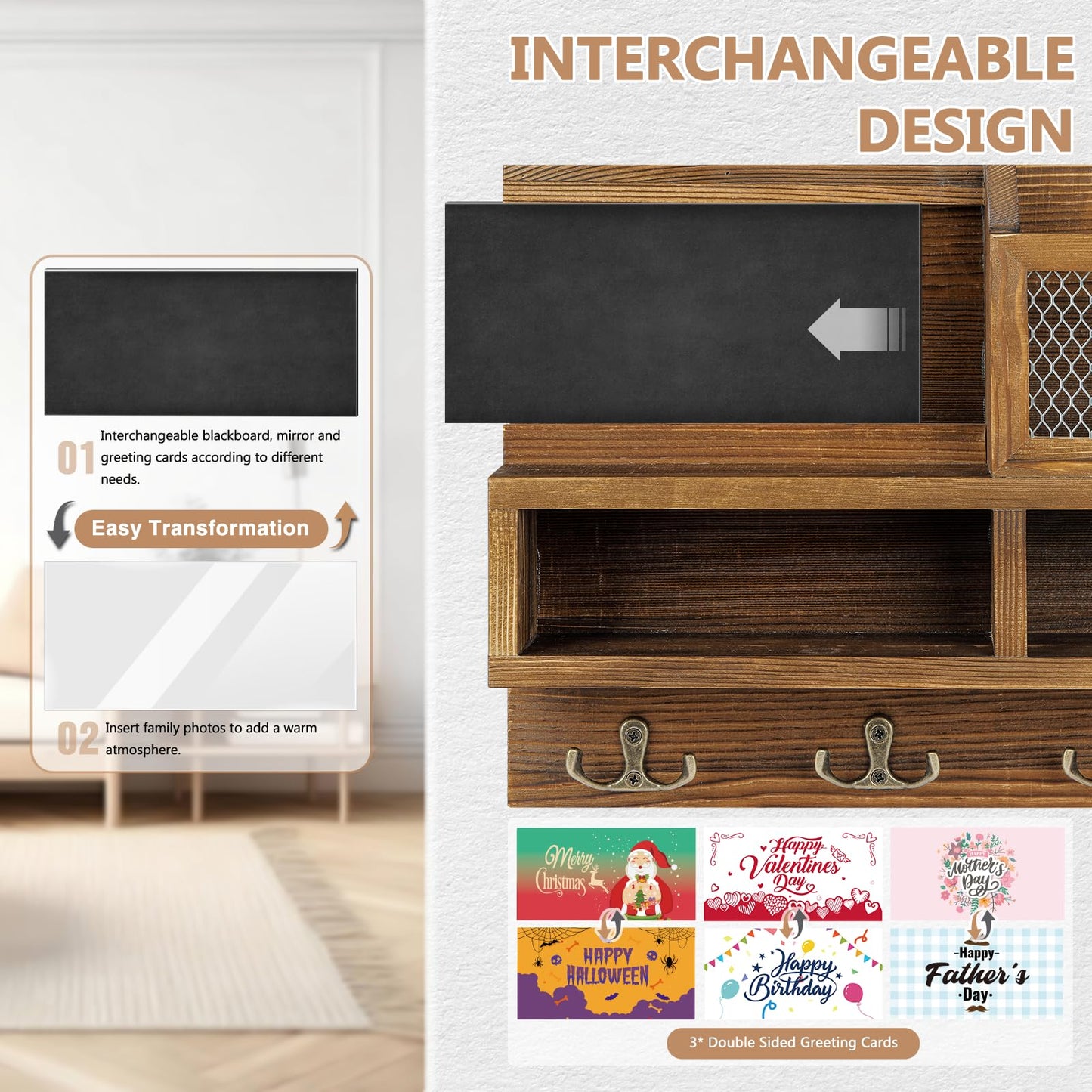 HOMEBROS Key Holder Wall Mount, Wooden Mail and Key Organizer with Chalkboard and Mirror, 3 Greeting Cards, 8 Hooks, Brown