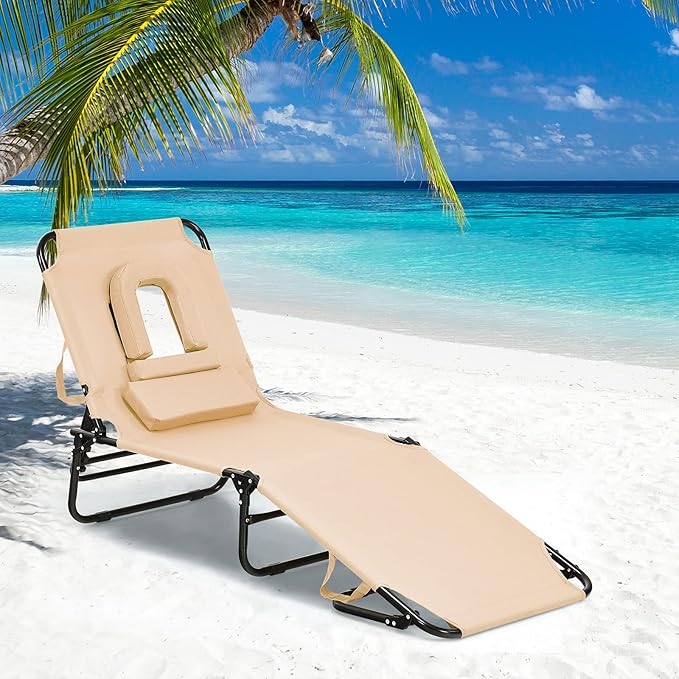 Folding Beach Lounge Chair w/ 5 Adjutable Backrest & Padded Pillow, Sunbathing