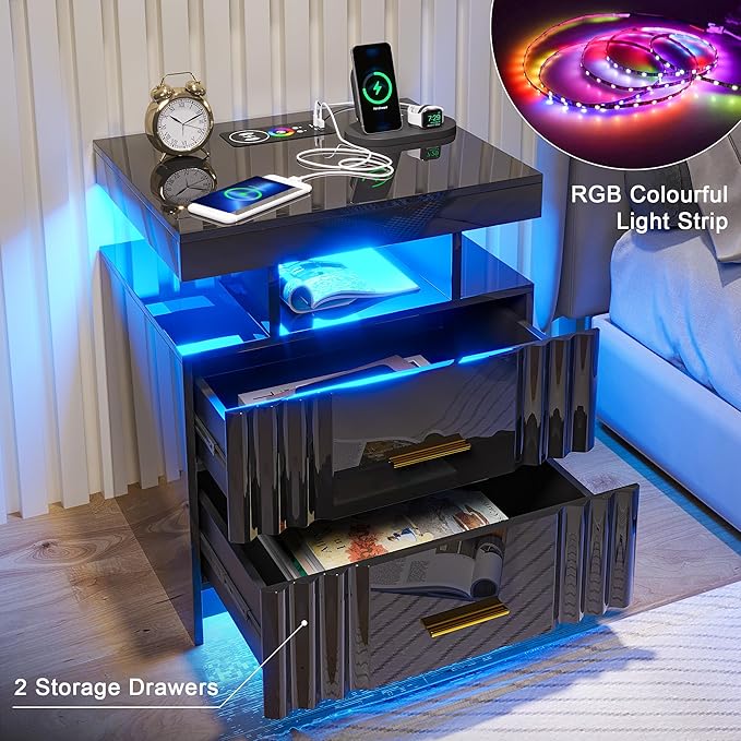 Nightstand with Wireless Charging Station, Bedroom Bedside Table with RGB Lights