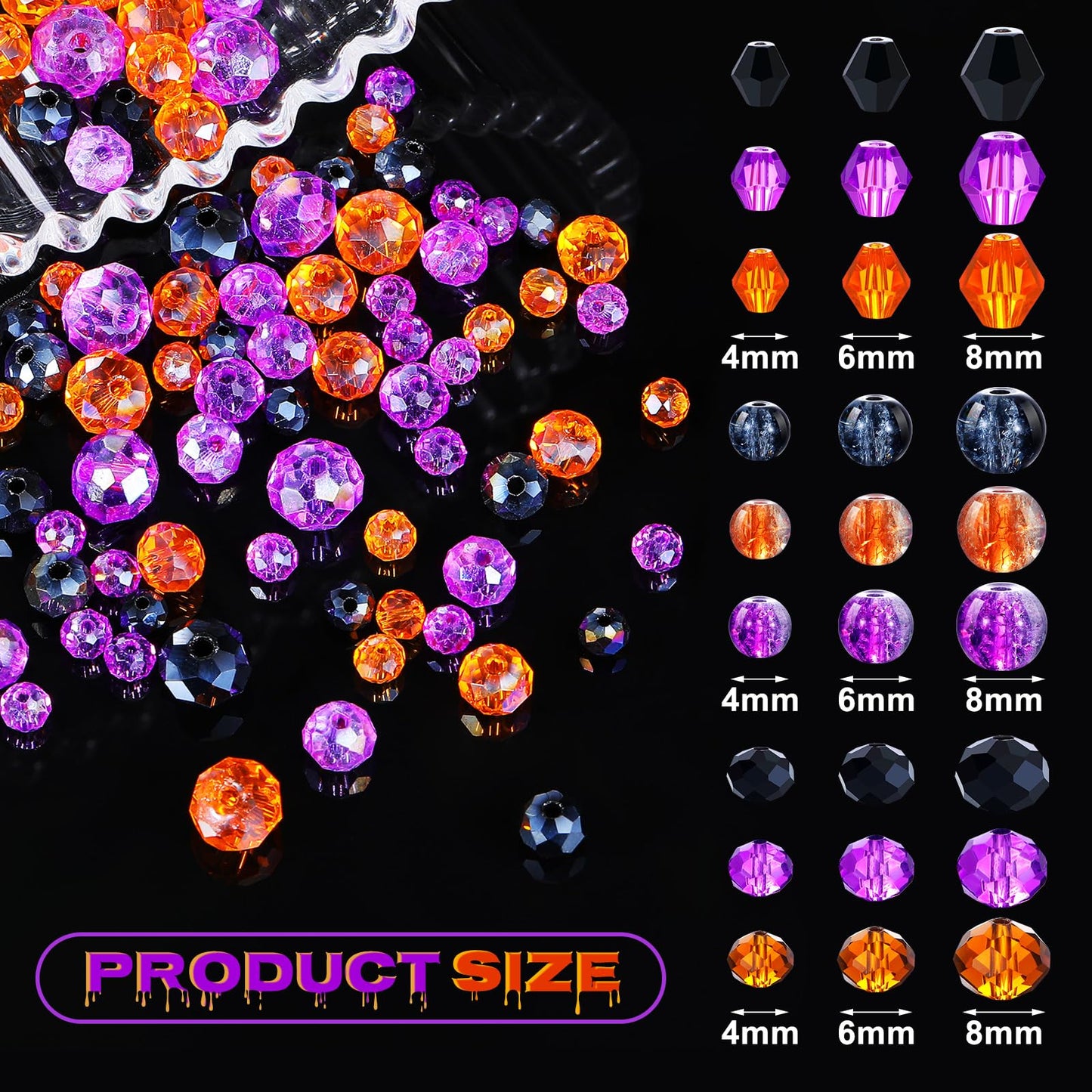 Landical 1215 Pcs Halloween Glass Beads Black Purple Orange Bicone Crystal Beads Faceted Design for DIY Jewelry Necklace Wristband Earring, Mixed Shapes and Size