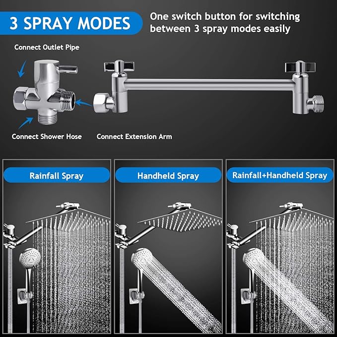 Shower Head Combo,10 Inch High Pressure Rain Shower Head with 11 in Adjustable Extension Arm and 5 Settings Handheld,Powerful Shower Spray Against Low Pressure Water with Long Hose