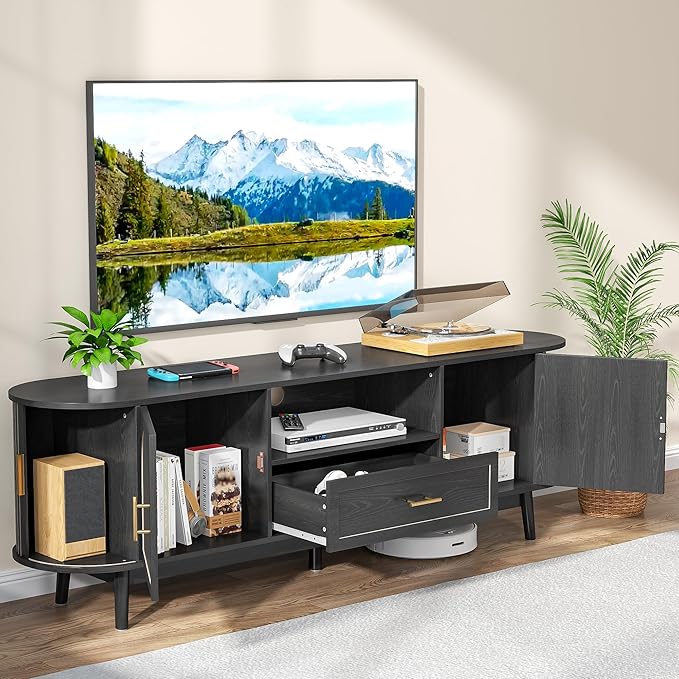 70" Fluted TV Stand for Tvs up to 80", Mid-Century Modern Entertainment Center