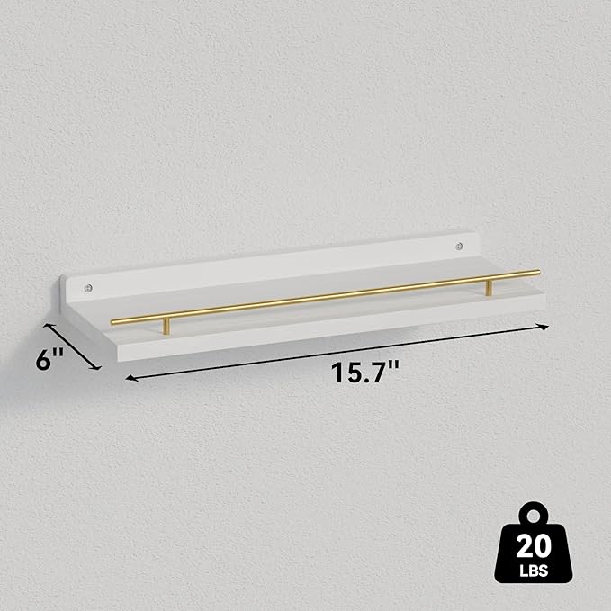 WOPITUES Floating Shelves with Gold Metal Guardrail, Shelves