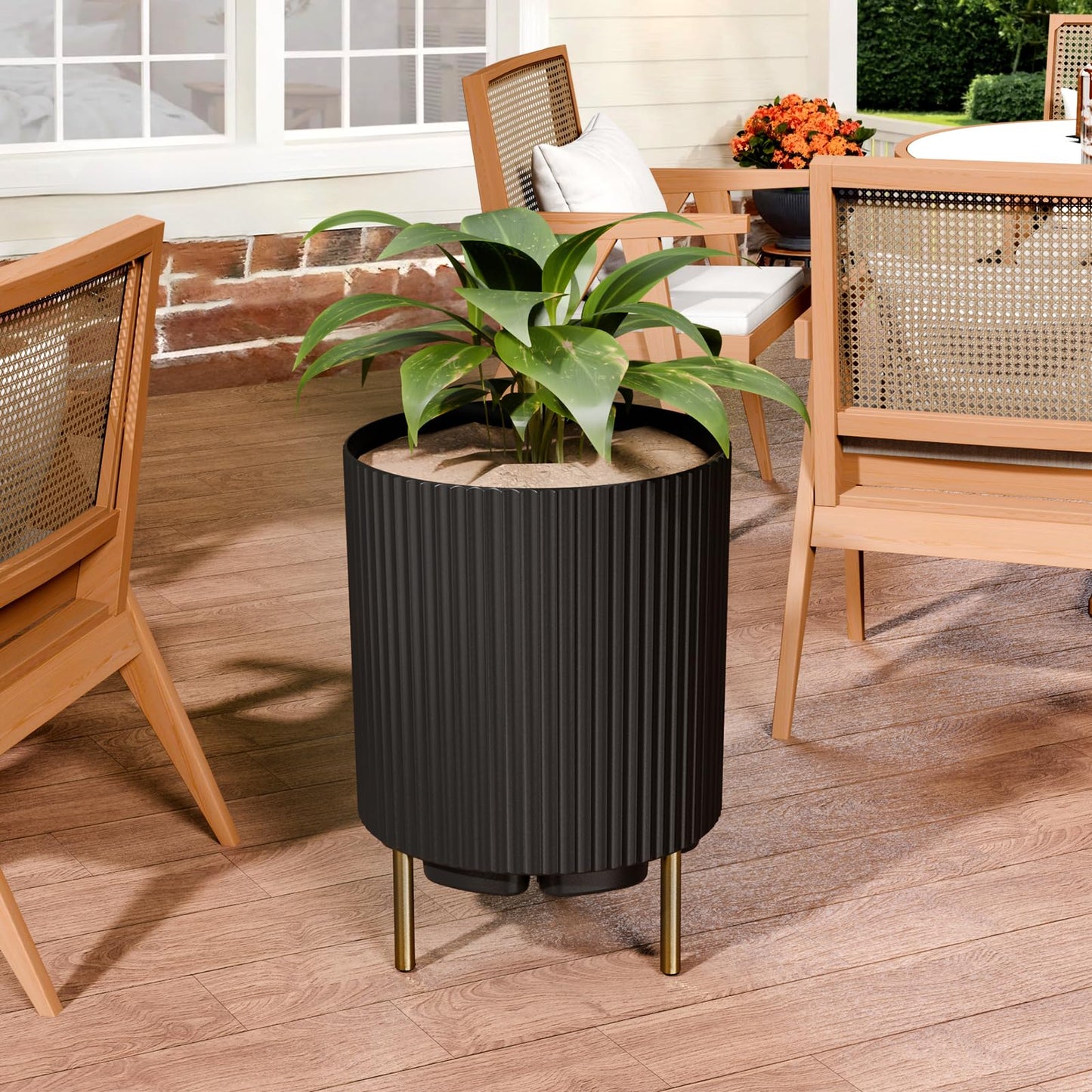 NAYSAYE Round Planter with Stand, 14.76 Inch Plastic Flower Pot Modern Plant Pots with 3 Holder, Garden Planter for Living Room Office Garden Balcony Black