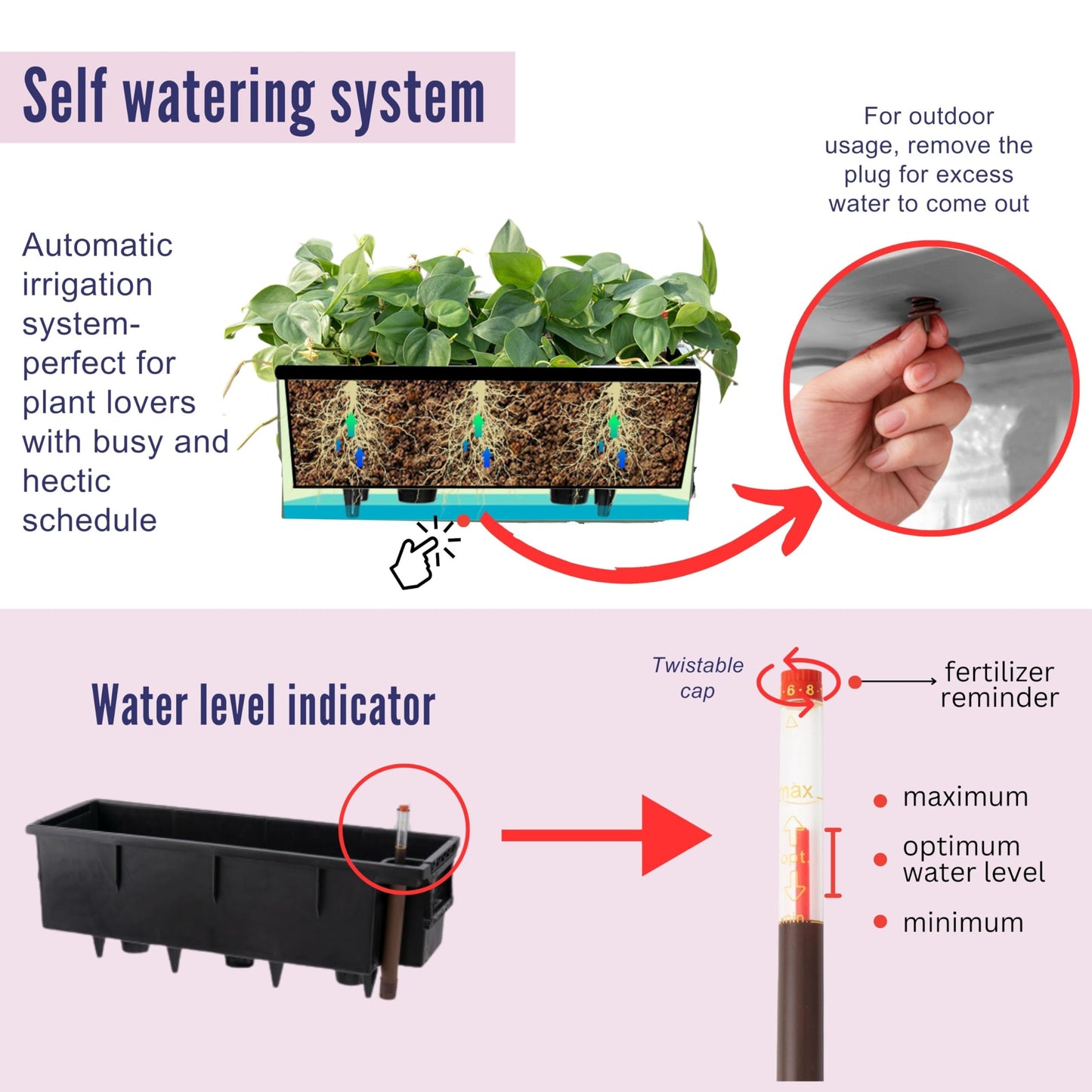 LaLaGreen Outdoor Wall Planters (14 Inch, 4 Pack) White Self-Watering Wall Mounted Flower Boxes, Rectangular Window Box Hanging Planters Plastic Containers Pot Indoor Herbs Modern Home Garden Decor
