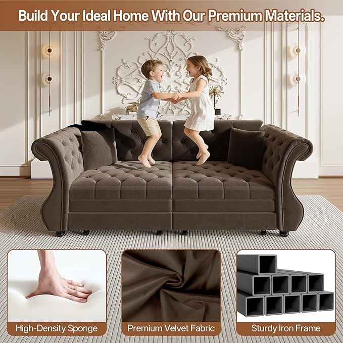 83.8" Oversized Pull Out Sofa Bed, Chesterfield Velvet Sleeper Sofa Couch
