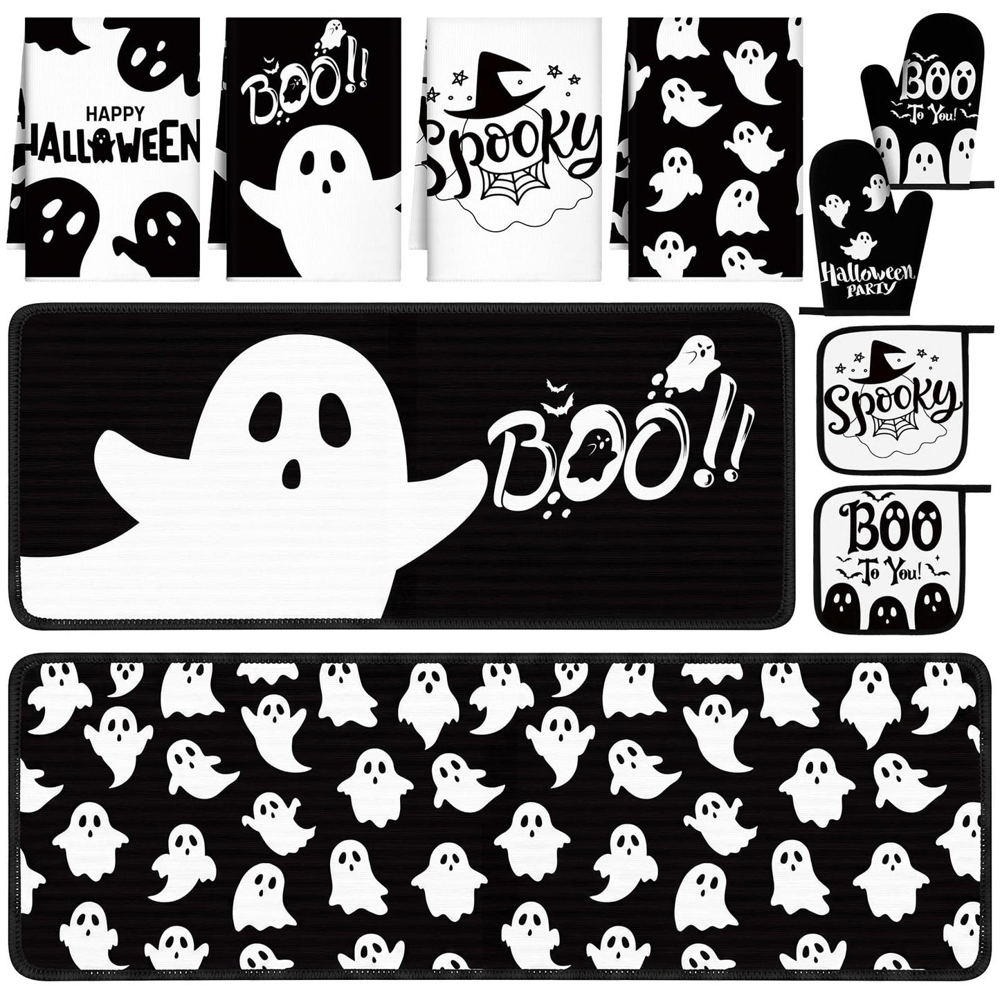 Fanfanwin 10 Pcs Halloween Ghost Kitchen Decor Set Ghost Kitchen Rugs Towels Pot Holders Oven Mitts Set for Baking Cooking BBQ Halloween Decorations