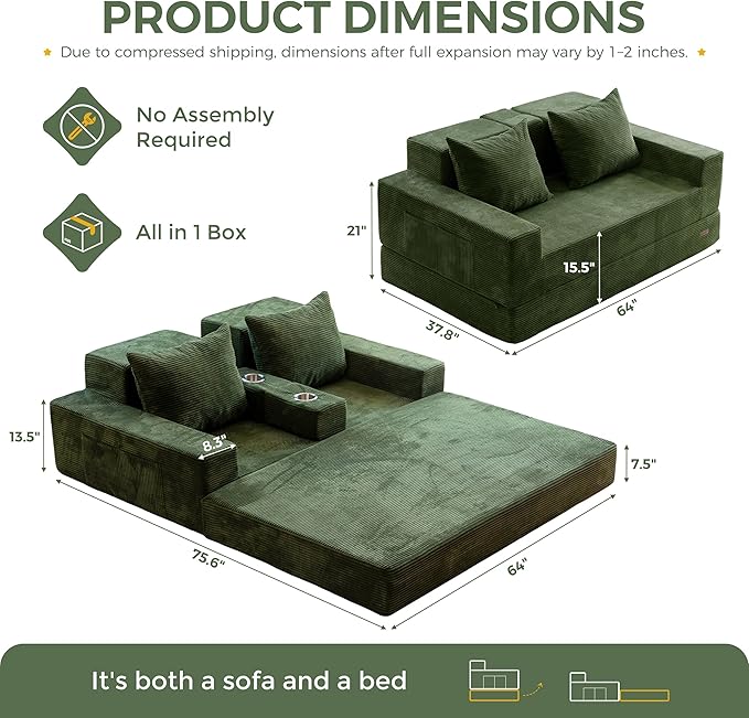 MAXYOYO Loveseat Sofa Bed, 4 in 1 Convertible Boneless Couch Folding Recliner