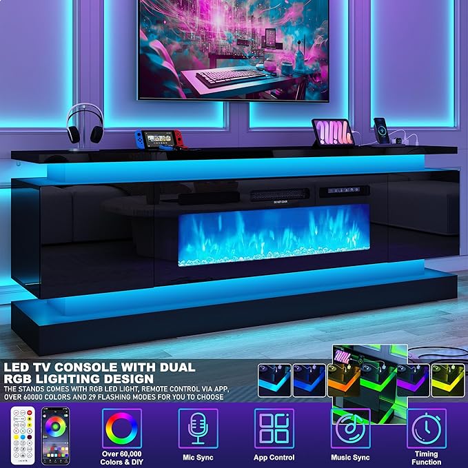 chartustriable 71IN LED TV Stands w/40 inch Fireplace Power Outlet
