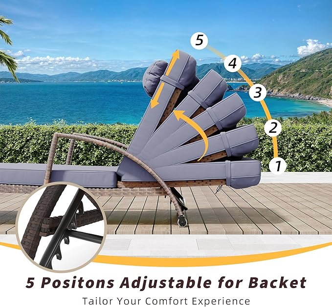 GarveeLife 2-Piece Rattan Patio Folding Chaise Lounge, 5-Position Adjustable