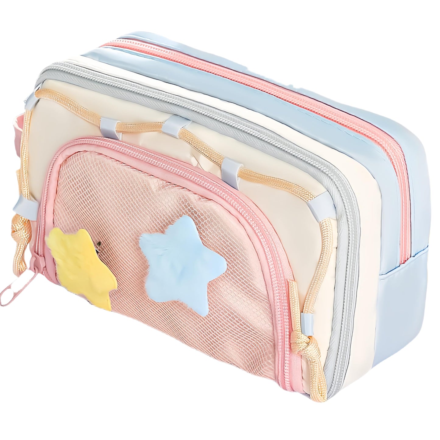 UIVXXUD Portable Multi-Layer Kawaii Star Pencil Case Organizer - Large Capacity Pencil Case with Compartments - Cute Pencil Pouch Functional Bag (Pink)
