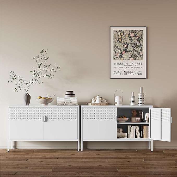 Metal Storage Cabinet, 2 Door TV Stand, Metal Mesh Accent Cabinet, Magnetic