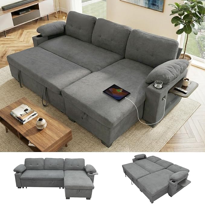 93" L Shaped Sleeper Sofa Bed, Pull Out Sectional Couch