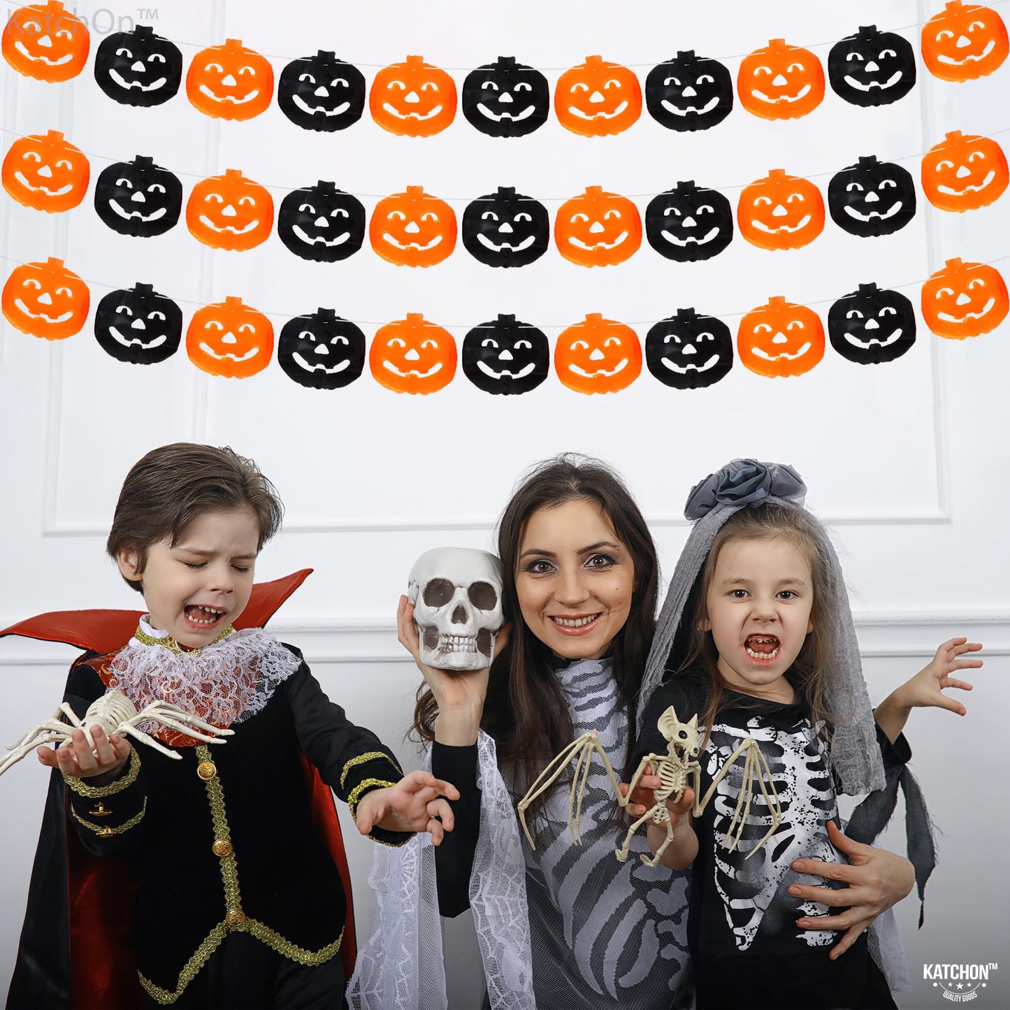 KatchOn, Long Pumpkin Halloween Garland - 10 Feet, 3 Strings, No DIY | Black and Orange Pumpkin Garland for Halloween Party Decorations