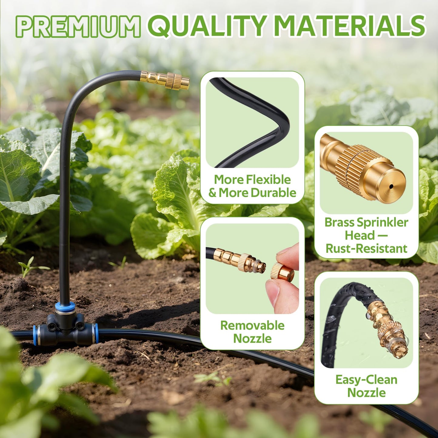 HIRALIY 360° Adjustable Drip Irrigation System 100FT, 1/4" Tubing with Adjustable Copper Nozzles, Automatic Atomizing Watering Kit for Garden, Yard, Lawn, Greenhouse & Potted Plants