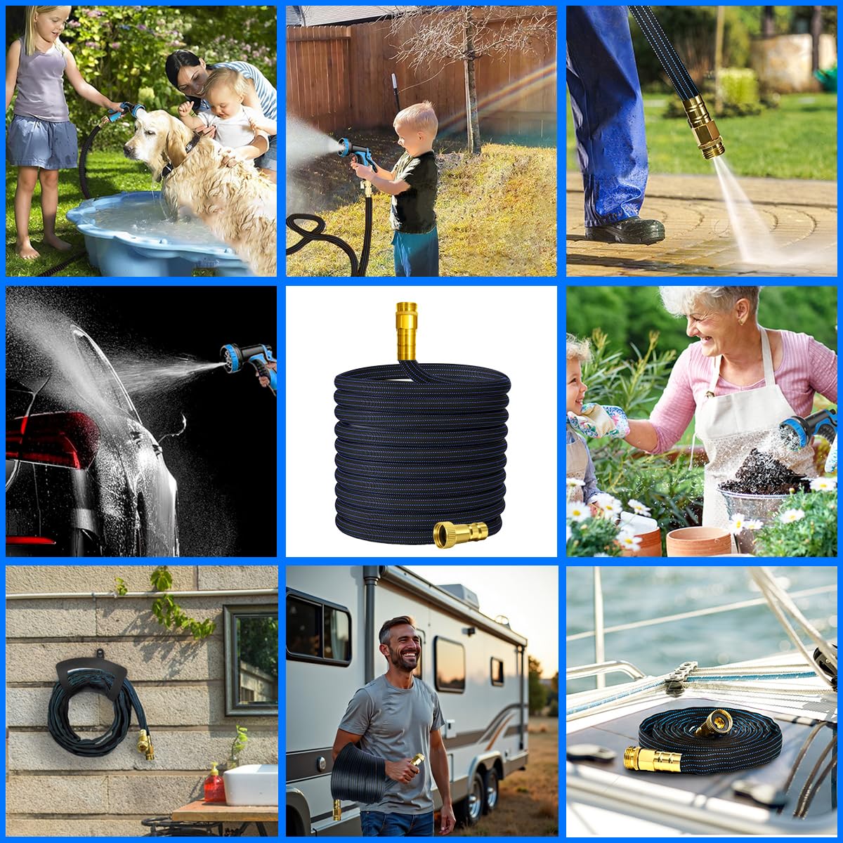 10FT Lightweight Flexible Garden Hose,Non-Slip Handles,Non-kink Hose,Solid Brass Fitting for Boats, RV Water Hose,Marine Washdown,Lawn,Garden,Leakproof TPE Hose (BlueBlack, 10 Ft)