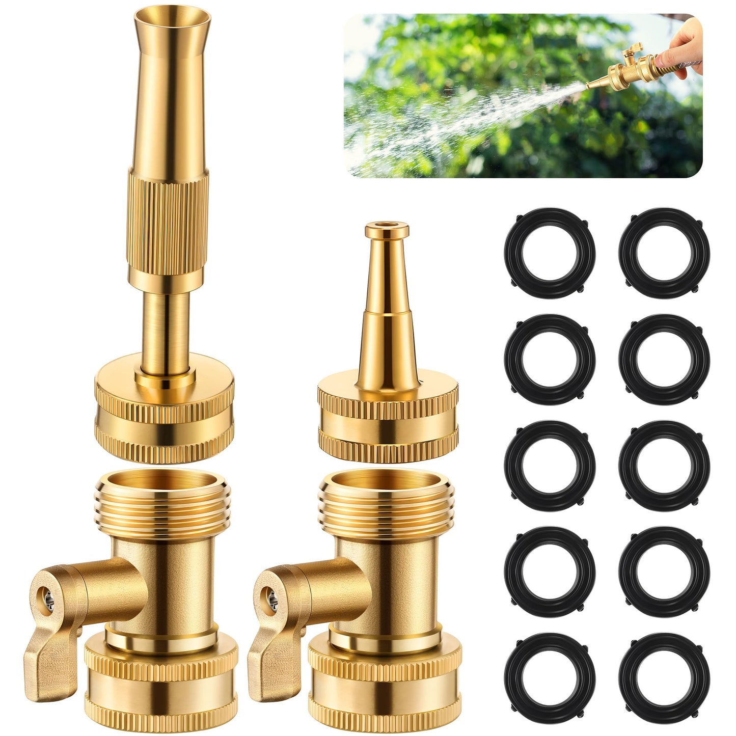 Dunkive 4 Pcs Garden Hose Nozzle Kit, 4" Brass Adjustable Twist Nozzle, Jet High Pressure Water Sprayer, Brass Hose Shut Off Valve with 10 Rubber Washers, 3/4" GHT Connector for Garden Sprinkler