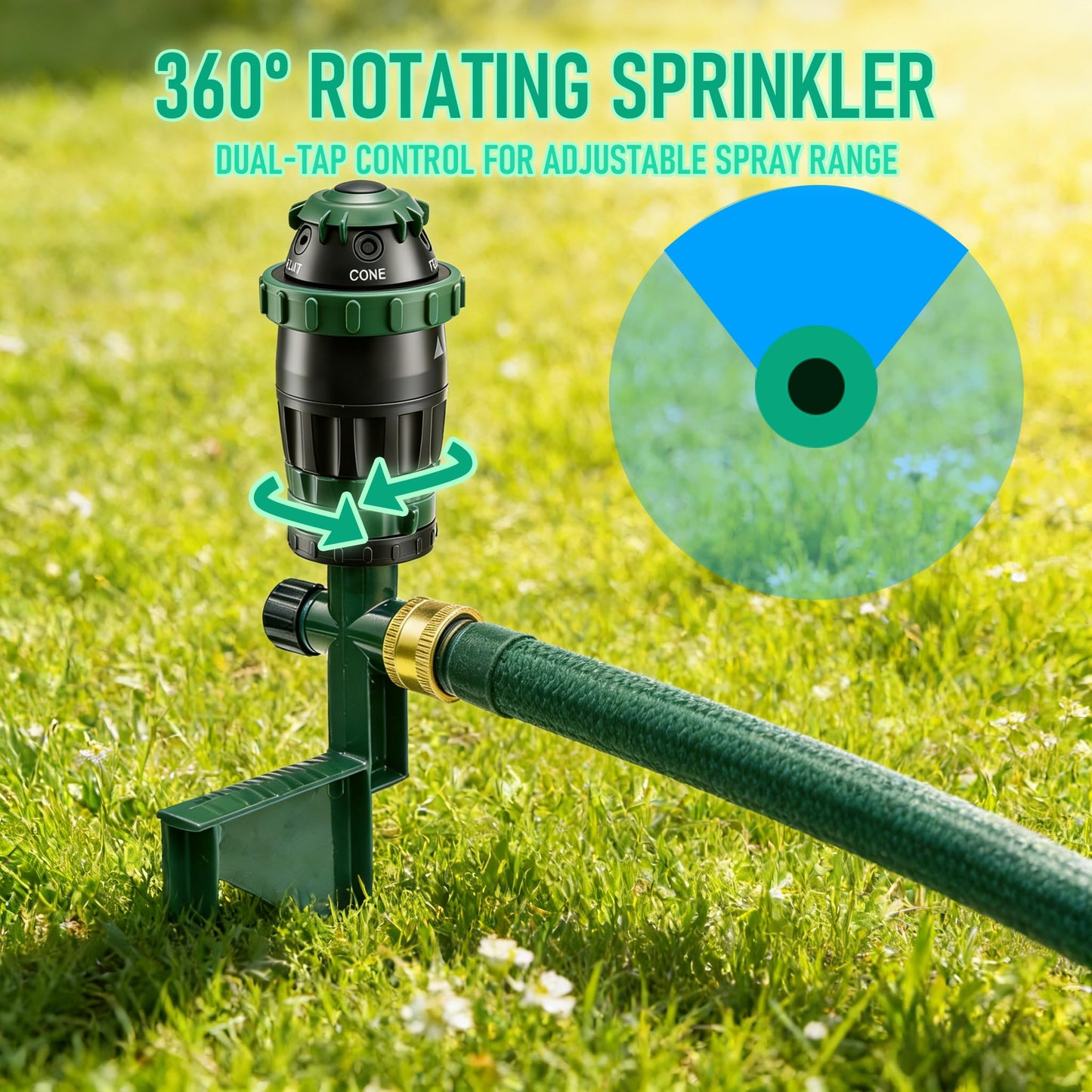 LIULO TOOL 2-Pack Gear Drive Sprinklers for Yard, 360 Degree Garden Water Sprinkler Head on Spike Base with 3/4 Inch Adapters, 5 Modes Adjustable Irrigation Tool for Large Area Yard Lawn Garden