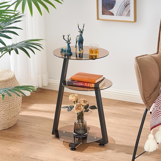 BEWISHOME Round End Table Tempered Glass Side Table