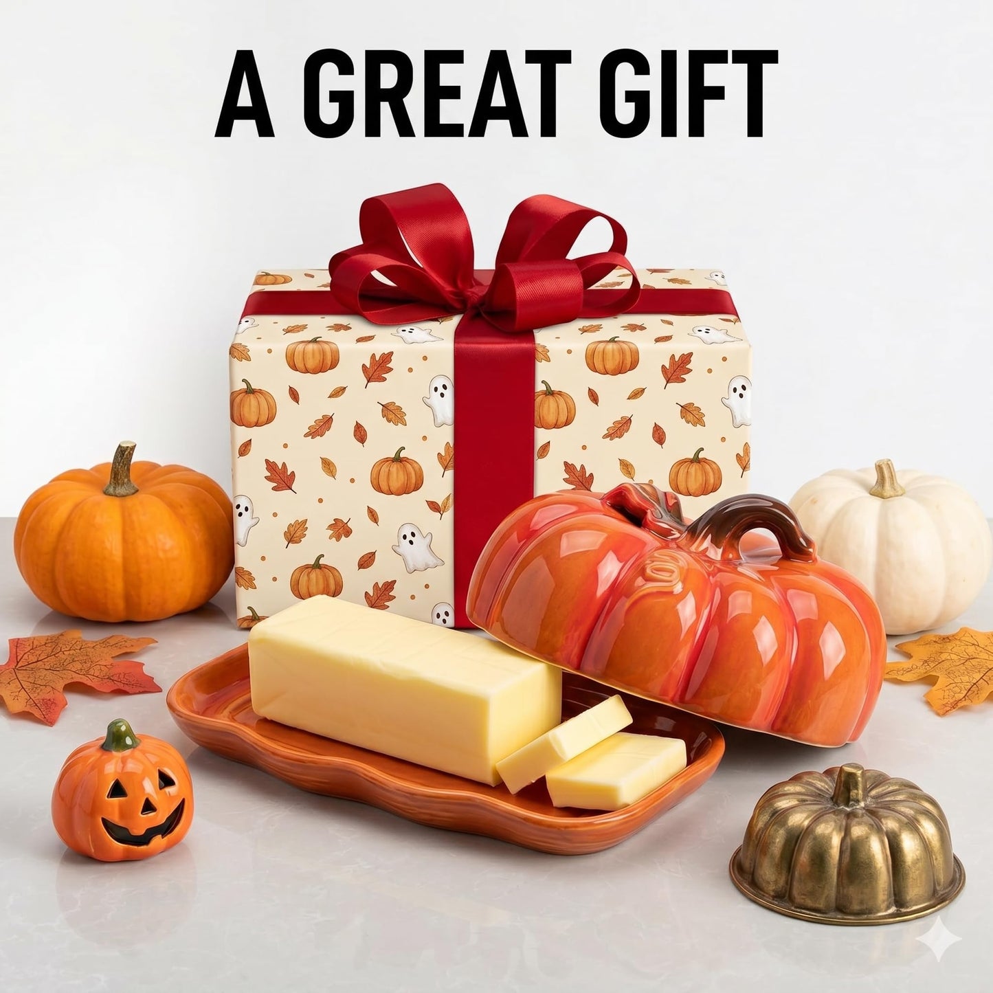 Pumpkin Butter Dish Set with Lid,Kitchen Countertop Tray with Lid,Multi-Purpose Pumpkin Shaped Snack Plate,Ideal Kitchen Decoration and Holiday Gifts such as Halloween &Thanksgiving (Orange, General)
