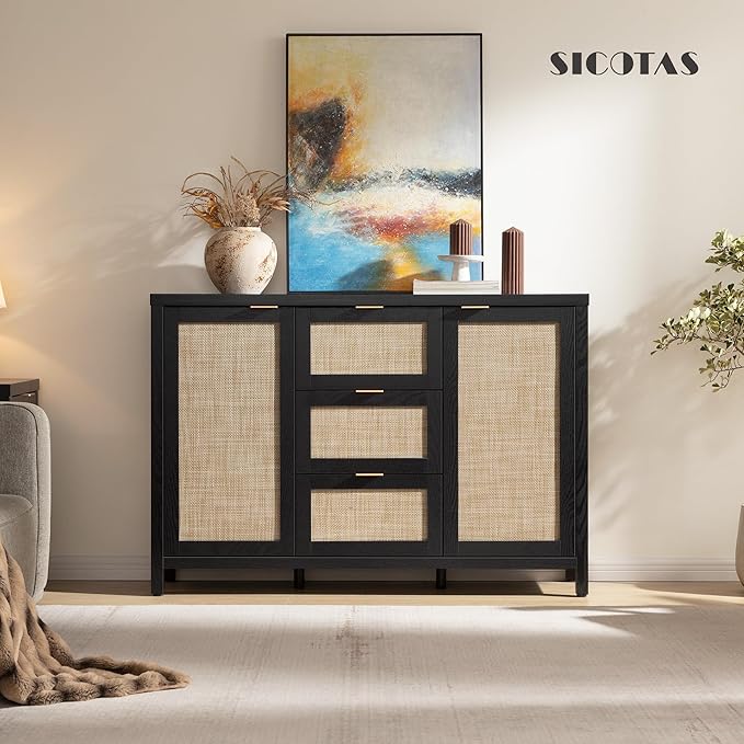 SICOTAS Rattan Sideboard Buffet Coffee Bar Cabinet