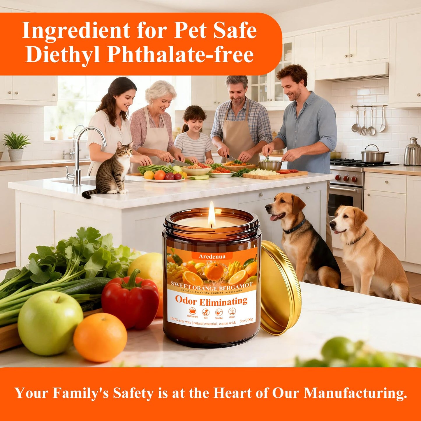 Aredenua Sweet Orange Bergamot Odor Eliminating Candle | Eliminates 95% of Pet, Smoke & Bathroom Odors | 7oz Hand Poured Non-Toxic Soy Candle | Air Freshening Scented Candle for Positive & Relaxation