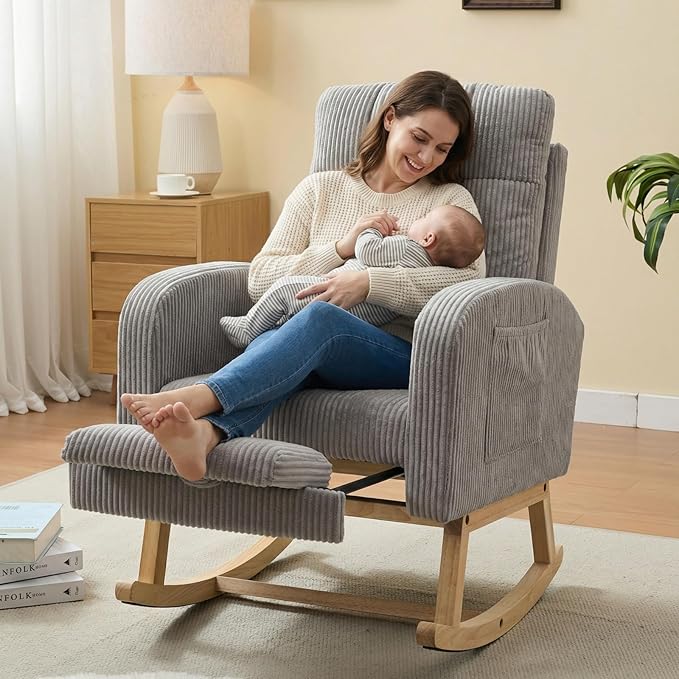 NIOIIKIT Nursery Rocking Chair, Corduroy Upholstered Rocking Chair