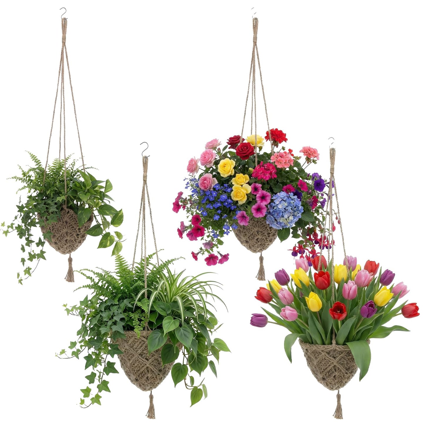 AOZUO 4 Pack Jute Crochet Long Plant Hanger for 3 Inch to 12 Inch Pots, Macrame Plant Hanger Macrame Plant Holder Rope with S Shaped Hooks for Indoor Outdoor Home Decor (Brown)