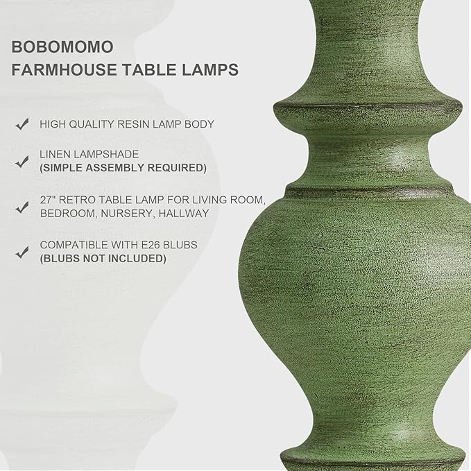 BOBOMOMO 27" Sage Green Table Lamps Set of 2, Large Farmhouse Resin Lamps