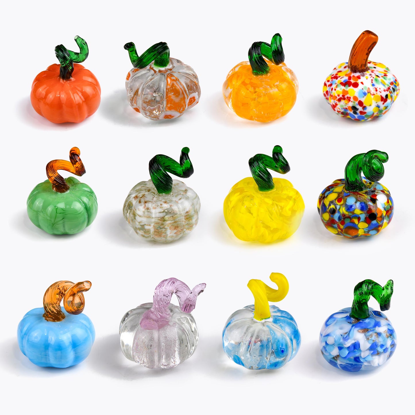 QIANCHANG 12pcs Mini Blown Glass Pumpkin Figurines Collectibles Thanksgiving Halloween Crystal Pumpkin Paperweight Fall Decorations for Home