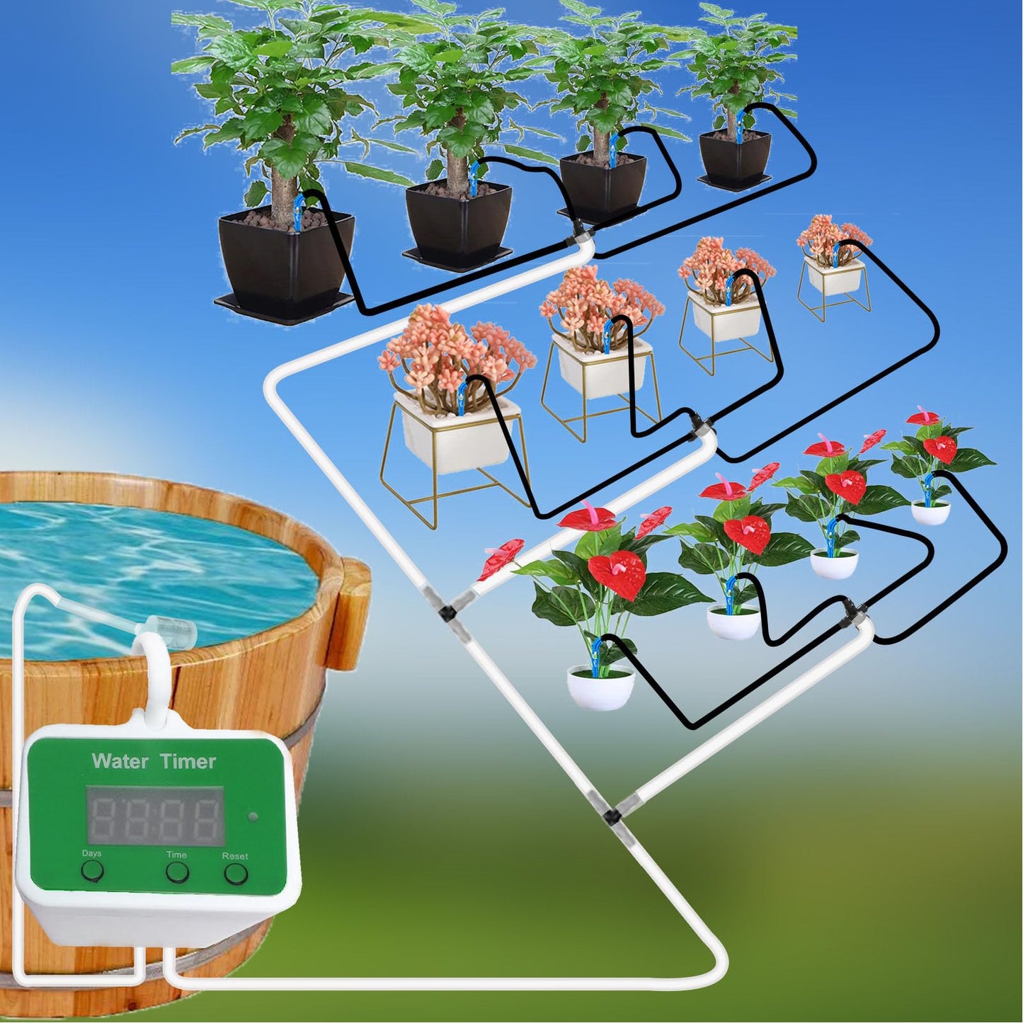 Automatic Plant Waterer Indoor, Potted Plant Drip Irrigation Kit for 12 Pots USB Rechargeable Flower with Tee Joints and Tubes