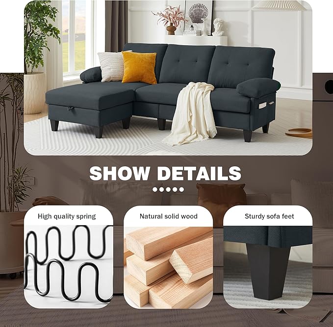 84" Convertible Sectional Sofa, Deep 3-Seater L Shaped Sectional Couch