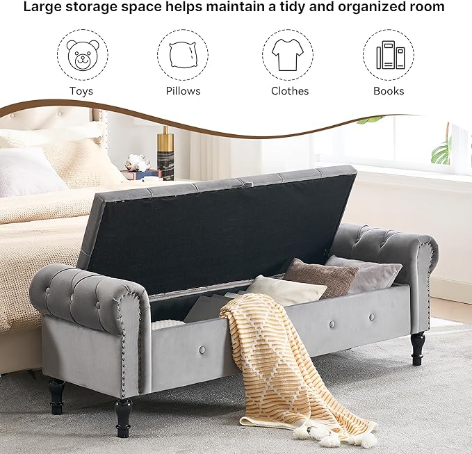 Storage Bench for Bedroom, Velvet 67" End of Bed Bench, King Size Benches